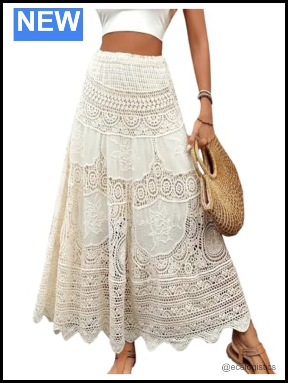 Women's Crochet Maxi Skirt High Waist Boho Flowy Stretchy Knit Lace